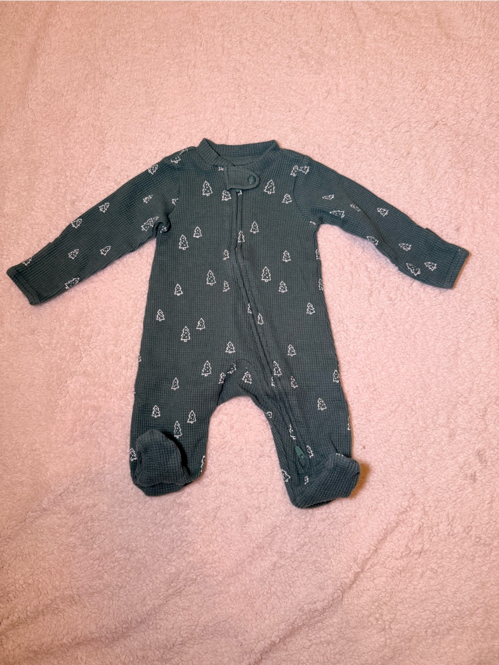 Carter's Dark Green Ribbed Footed One-Piece with Tiny White Trees
